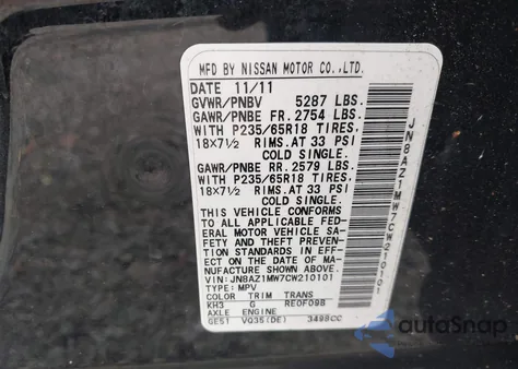 2012 Nissan Murano Sv из США, поврежденный, VIN JN8AZ1MW7CW210101